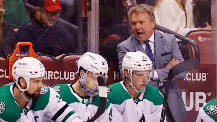 SUNRISE, FLORIDA – JANUARY 14: Head coach Rick Bowness of the Dallas Stars reacts against the Florida Panthers during the second period at FLALive Arena on January 14, 2022 in Sunrise, Florida. (Photo by Michael Reaves/Getty Images)