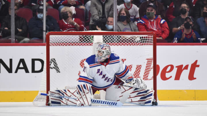 MONTREAL, QC - OCTOBER 16: Igor Shesterkin #31 of the New York Rangers tends the net against the Montreal Canadiens during the first period at Centre Bell on October 16, 2021 in Montreal, Canada. The New York Rangers defeated the Montreal Canadiens 3-1. (Photo by Minas Panagiotakis/Getty Images)