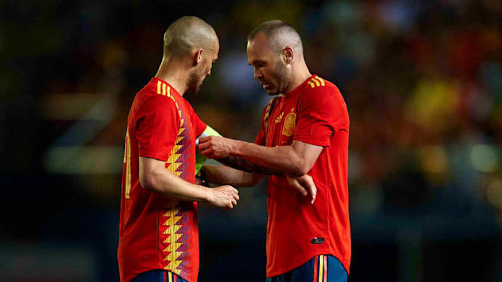 Andres Iniesta (FC Barcelona) David Silva (Manchester CIty) during a International friendly match between Spain against Switzerland in La Ceramica Stadium, Villarreal, Spain, on 03 June of 2018. (Photo by Jose Breton/NurPhoto via Getty Images)