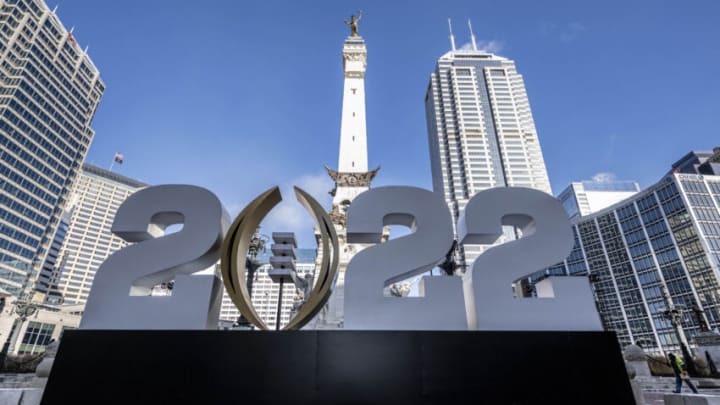 Jan 7, 2022; Indianapolis, Indiana, USA; A large 2022 College Football Playoff national championship logo is in place on monument circle. Mandatory Credit: Marc Lebryk-USA TODAY Sports