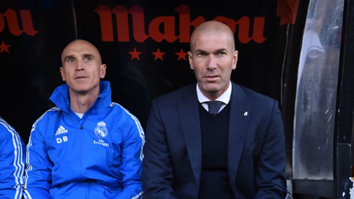 MADRID, SPAIN - APRIL 28: Zinedine Zidane, manager of Real Madrid sits on the bench during the La Liga match between Rayo Vallecano de Madrid and Real Madrid CF at Campo de Futbol de Vallecas on April 28, 2019 in Madrid, Spain. (Photo by Denis Doyle/Getty Images)
