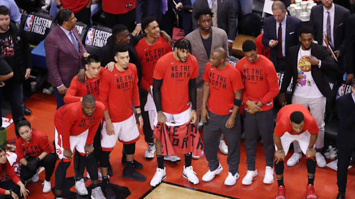 TORONTO, ONTARIO - MAY 25: The Toronto Raptors bench reacts during the second half against the Milwaukee Bucks in game six of the NBA Eastern Conference Finals at Scotiabank Arena on May 25, 2019 in Toronto, Canada. NOTE TO USER: User expressly acknowledges and agrees that, by downloading and or using this photograph, User is consenting to the terms and conditions of the Getty Images License Agreement. (Photo by Claus Andersen/Getty Images)