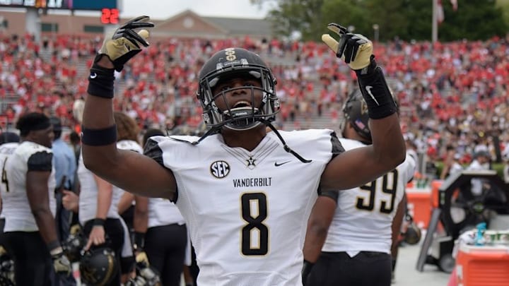 Oct 15, 2016; Athens, GA, USA; (EDITORS NOTE: CAPTION CORRECTION) Vanderbilt Commodores cornerback Joejuan Williams (8) reacts at the end of the game against the Georgia Bulldogs at Sanford Stadium. Vanderbilt defeated Georgia 17-16. Mandatory Credit: Dale Zanine-USA TODAY Sports