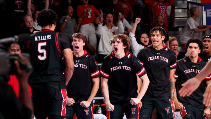 Nov 23, 2023; Paradise Island, BAHAMAS; Texas Tech Red Raiders players celebrates with Texas Tech Red Raiders guard Darrion Williams (5) during the second half against the Northern Iowa Panthers at Imperial Arena. Mandatory Credit: Kevin Jairaj-USA TODAY Sports