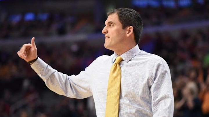 Mar 25, 2016; Chicago, IL, USA; Iowa State Cyclones head coach Steve Prohm reacts against the Virginia Cavaliers during the first half in a semifinal game in the Midwest regional of the NCAA Tournament at United Center. Mandatory Credit: David Banks-USA TODAY Sports Mar 25, 2016; Chicago, IL, USA; Iowa State Cyclones head coach Steve Prohm reacts against the Virginia Cavaliers during the first half in a semifinal game in the Midwest regional of the NCAA Tournament at United Center. Mandatory Credit: David Banks-USA TODAY Sports