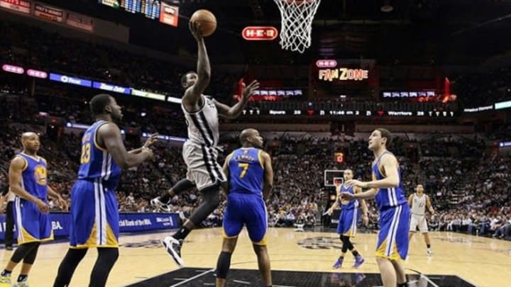 May 6, 2013; San Antonio, TX, USA; San Antonio Spurs forward DeJuan Blair (45) drives to the basket against the Golden State Warriors during the first half in game one of the second round of the 2013 NBA Playoffs at the AT&T Center. Mandatory Photo Credit: USA Today Sports