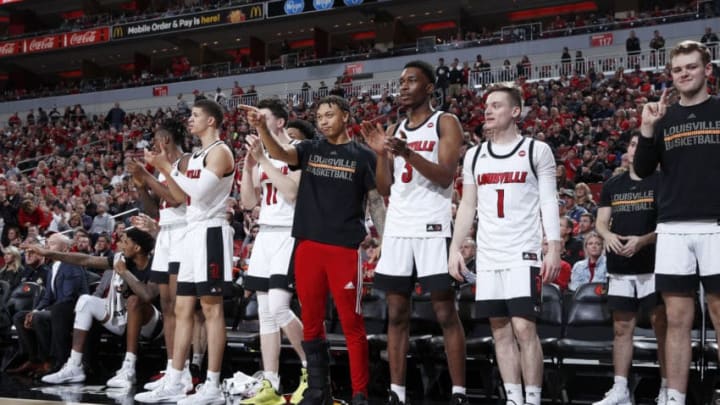 LOUISVILLE, KY - FEBRUARY 05: Louisville Cardinals players react from the bench during a game against the Wake Forest Demon Deacons at KFC YUM! Center on February 5, 2020 in Louisville, Kentucky. Louisville defeated Wake Forest 86-76. (Photo by Joe Robbins/Getty Images)