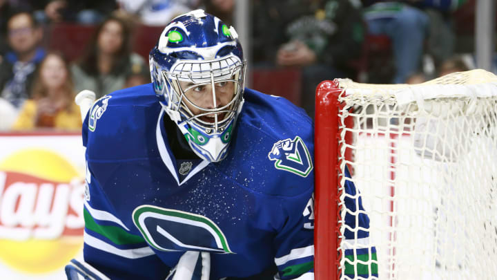 VANCOUVER, BC – APRIL 8: Ryan Miller #30 of the Vancouver Canucks looks on from his crease during their NHL game against the Edmonton Oilers at Rogers Arena April 8, 2017 in Vancouver, British Columbia, Canada. (Photo by Jeff Vinnick/NHLI via Getty Images)”n