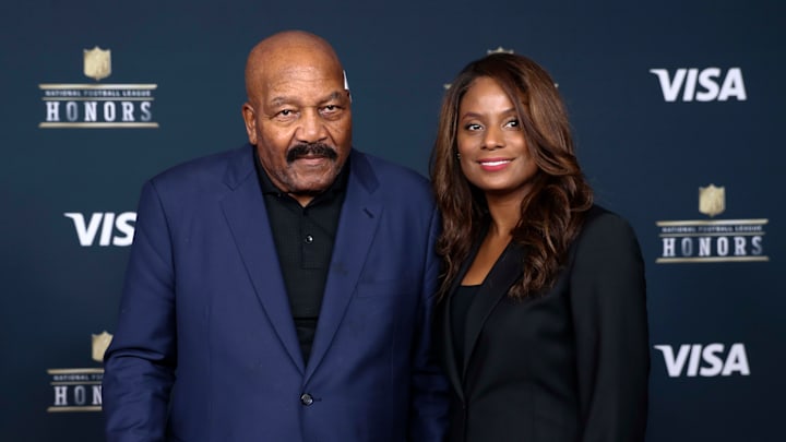 Feb 4, 2017; Houston, TX, USA; Cleveland Browns former player Jim Brown and wife Monique arrive on the red carpet prior to the 6th Annual NFL Honors at Wortham Theater. Mandatory Credit: Kevin Jairaj-USA TODAY Sports