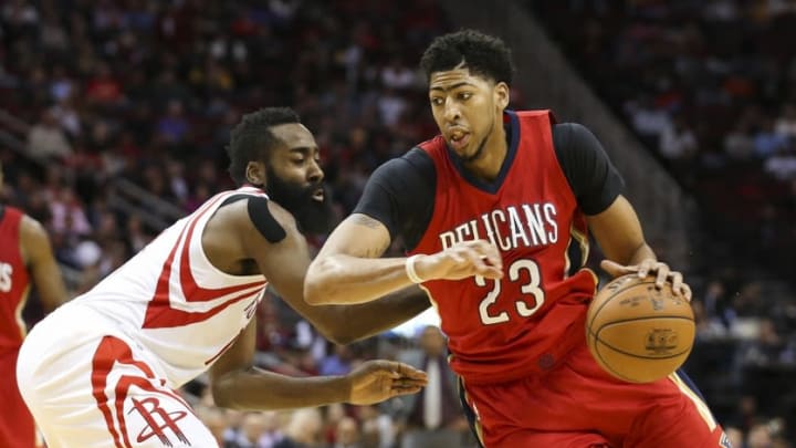 For the first time this season New Orleans Pelicans forward Anthony Davis (23) will go head-to-head with Houston Rockets guard James Harden (13) in today’s FanDuel daily picks. Mandatory Credit: Troy Taormina-USA TODAY Sports