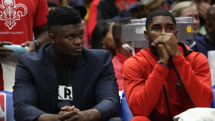 NEW ORLEANS, LOUISIANA - NOVEMBER 27: Zion Williamson #1 of the New Orleans Pelicans sits on the bench during the game against the Los Angeles Lakers at Smoothie King Center on November 27, 2019 in New Orleans, Louisiana. NOTE TO USER: User expressly acknowledges and agrees that, by downloading and/or using this photograph, user is consenting to the terms and conditions of the Getty Images License Agreement (Photo by Chris Graythen/Getty Images)