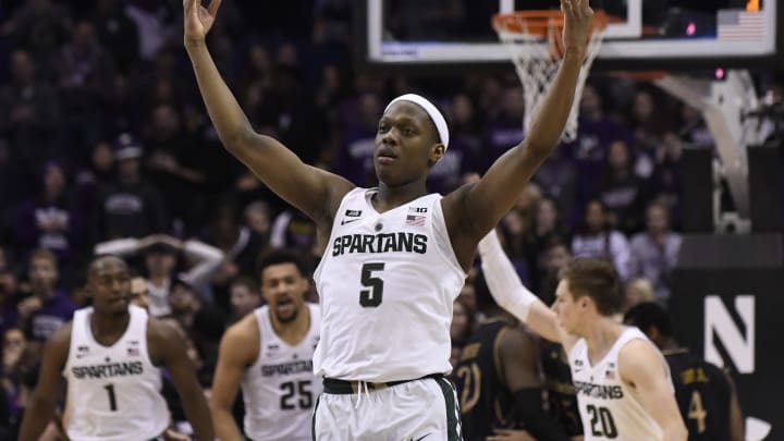 ROSEMONT, IL – FEBRUARY 17: Cassius Winston #5 of the Michigan State Spartans reacts after making a three-point basket against the Northwestern Wildcats during the second half on February 17, 2018 at Allstate Arena in Rosemont, Illinois. Michigan State defeated Northwestern 65-60. (Photo by David Banks/Getty Images)