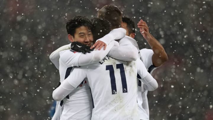 LONDON, ENGLAND - FEBRUARY 28: Son Heung-min of Tottenham celebrates with team mates after scoring his team's fifth goal of the game during The Emirates FA Cup Fifth Round Replay match between Tottenham Hotspur and Rochdale on February 28, 2018 in London, United Kingdom. (Photo by Catherine Ivill/Getty Images)