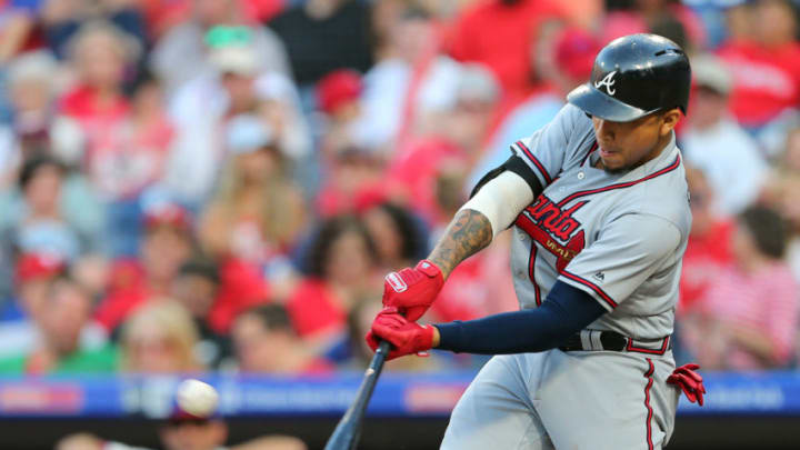 PHILADELPHIA, PA - SEPTEMBER 30: Johan Camargo #17 of the Atlanta Braves hits a double against the Philadelphia Phillies during the eighth inning of a game at Citizens Bank Park on September 30, 2018 in Philadelphia, Pennsylvania. The Phillies defeated the Braves 3-1. (Photo by Rich Schultz/Getty Images)