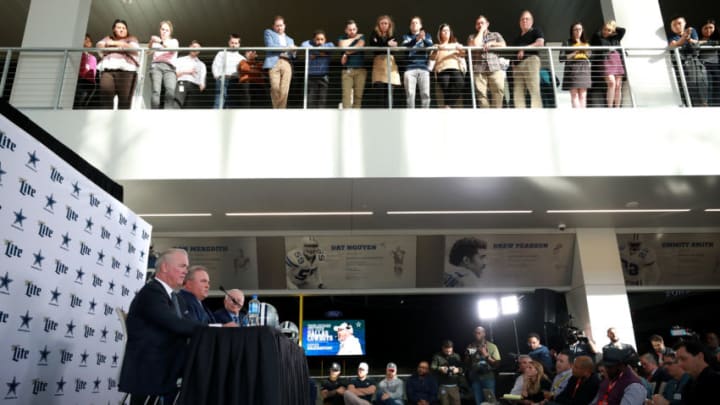 FRISCO, TEXAS - JANUARY 08: (L-R) Executive Vice President Stephen Jones of the Dallas Cowboys, Head coach Mike McCarthy of the Dallas Cowboys and Dallas Cowboys owner Jerry Jones talk with the media during a press conference at the Ford Center at The Star on January 08, 2020 in Frisco, Texas. (Photo by Tom Pennington/Getty Images)