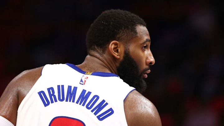 DETROIT, MI - FEBRUARY 07: Andre Drummond #0 of the Detroit Pistons looks on while playing the Brooklyn Nets during the second half at Little Caesars Arena on February 7, 2018 in Detroit, Michigan. Detroit won the game 115-106.(Photo by Gregory Shamus/Getty Images)