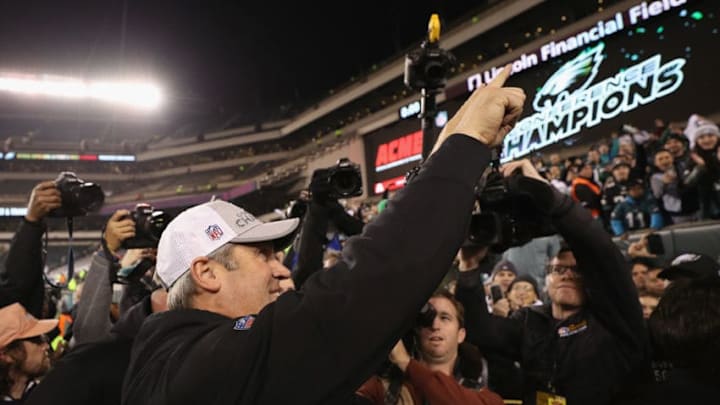 PHILADELPHIA, PA - JANUARY 21: Head coach Doug Pederson of the Philadelphia Eagles waves to the fans after his teams win over the Minnesota Vikings in the NFC Championship game at Lincoln Financial Field on January 21, 2018 in Philadelphia, Pennsylvania. The Philadelphia Eagles defeated the Minnesota Vikings 38-7. (Photo by Patrick Smith/Getty Images)