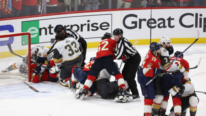 SUNRISE, FLORIDA – JUNE 10: The Florida Panthers and Vegas Golden Knights fight following the Knights 3-2 win against the Panthers in Game Four of the 2023 NHL Stanley Cup Final at FLA Live Arena on June 10, 2023 in Sunrise, Florida. (Photo by Patrick Smith/Getty Images)