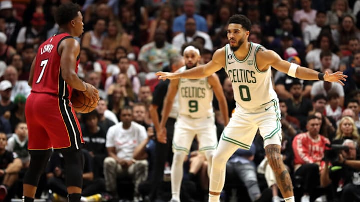 Jayson Tatum #0 of the Boston Celtics defends Kyle Lowry #7 of the Miami Heat (Photo by Megan Briggs/Getty Images)