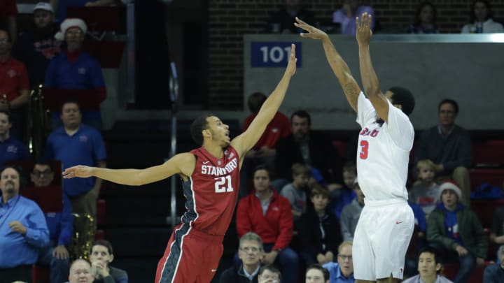 Dec 19, 2016; Dallas, TX, USA; Southern Methodist Mustangs guard Sterling Brown (3) shoots the ball against Stanford Cardinal forward Cameron Walker (21) in the first half at Moody Coliseum. Mandatory Credit: Sean Pokorny-USA TODAY Sports