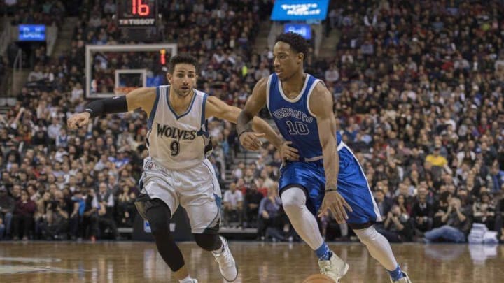 Dec 8, 2016; Toronto, Ontario, CAN; Toronto Raptors guard DeMar DeRozan (10) controls the ball as Minnesota Timberwolves guard Ricky Rubio (9) defends during the fourth quarter at Air Canada Centre. The Toronto Raptors won 124-110. Mandatory Credit: Nick Turchiaro-USA TODAY Sports
