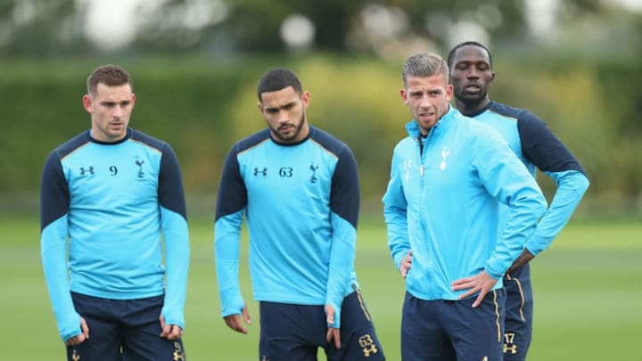 ENFIELD, ENGLAND - OCTOBER 13: Vincent Janssen, Cameron Carter-Vickers, Toby Alderweireld and Moussa Sissoko of Tottenham during the Tottenham Hotspur training session at Tottenham Hotspur Training Centre on October 13, 2016 in Enfield, England. (Photo by Tottenham Hotspur FC/Tottenham Hotspur FC via Getty Images)