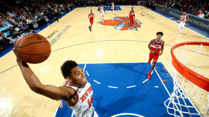 NEW YORK, NY – OCTOBER 8: Allonzo Trier #14 of the New York Knicks dunks the ball against the Washington Wizards during a pre-season game on October 8, 2018 at Madison Square Garden in New York City, New York. NOTE TO USER: User expressly acknowledges and agrees that, by downloading and or using this photograph, User is consenting to the terms and conditions of the Getty Images License Agreement. Mandatory Copyright Notice: Copyright 2018 NBAE (Photo by Nathaniel S. Butler/NBAE via Getty Images)