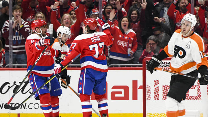 WASHINGTON, DC – FEBRUARY 08: Washington Capitals right wing T.J. Oshie (77) is congratulated by left wing Alex Ovechkin (8) after his goal in the first period against the Philadelphia Flyers on February 8, 2020 at the Capital One Arena in Washington, D.C. (Photo by Mark Goldman/Icon Sportswire via Getty Images)