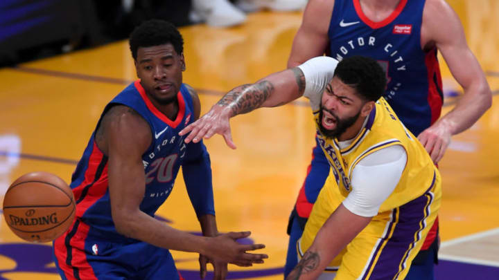 Feb 6, 2021; Los Angeles, California, USA; Detroit Pistons guard Josh Jackson (20) and center Mason Plumlee (24) defend Los Angeles Lakers forward Anthony Davis (3) as he passes the ball in the first half of the game at Staples Center. Mandatory Credit: Jayne Kamin-Oncea-USA TODAY Sports