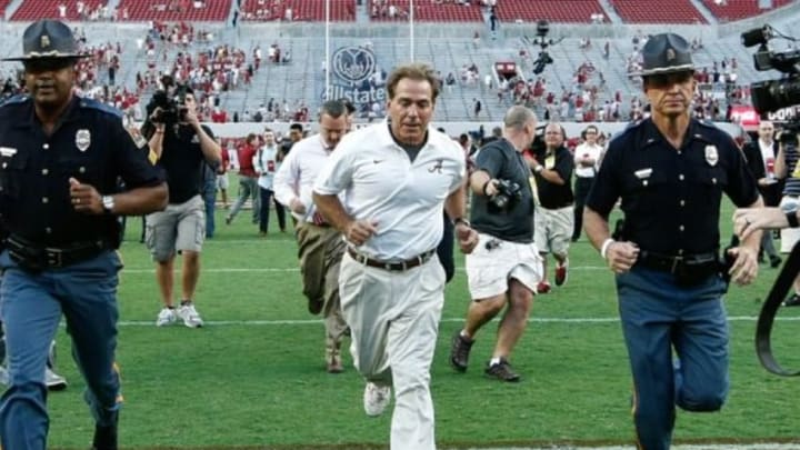 Sep 20, 2014; Tuscaloosa, AL, USA; Alabama Crimson Tide head coach Nick Saban leaves the field after his team defeated the Florida Gators 42-21 at Bryant-Denny Stadium. Mandatory Credit: Marvin Gentry-USA TODAY Sports