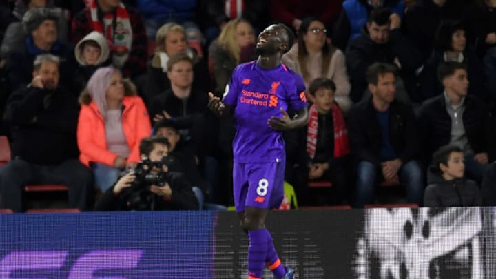 SOUTHAMPTON, ENGLAND - APRIL 05: Naby Keita of Liverpool celebrates after scoring his team's first goal during the Premier League match between Southampton FC and Liverpool FC at St Mary's Stadium on April 05, 2019 in Southampton, United Kingdom. (Photo by Mike Hewitt/Getty Images)