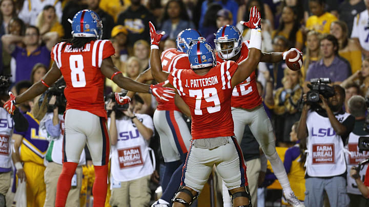 BATON ROUGE, LA – OCTOBER 22: Van Jefferson #12 of the Mississippi Rebels celebrates a touchdown during the first half of a game against the LSU Tigers at Tiger Stadium on October 22, 2016 in Baton Rouge, Louisiana.  (Photo by Jonathan Bachman/Getty Images)