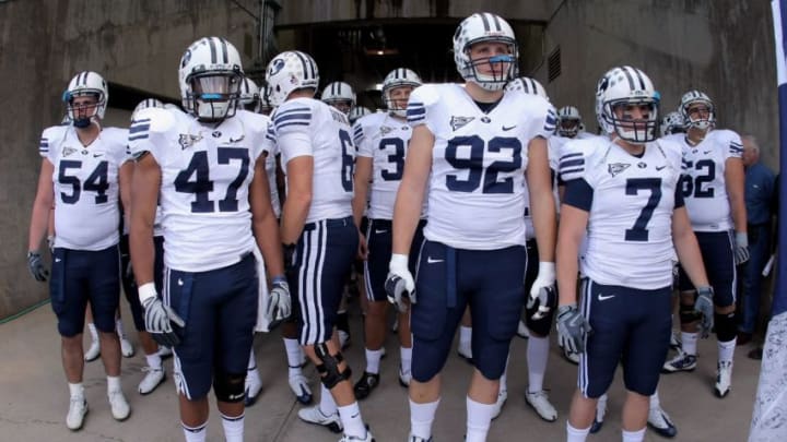 FORT COLLINS, CO - NOVEMBER 01: The Brigham Young Cougars prepare to take the field to face the Colorado State Rams at Sonny Lubick Field at Hughes Stadium on November 1, 2008 in Fort Collins, Colorado. BYU defeated CSU 45-42. (Photo by Doug Pensinger/Getty Images)