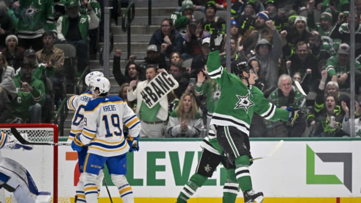 Jan 23, 2023; Dallas, Texas, USA; Dallas Stars center Roope Hintz (24) celebrates the game tying goal by left wing Jason Robertson (not pictured) against the Buffalo Sabres during the third period at the American Airlines Center. Mandatory Credit: Jerome Miron-USA TODAY Sports