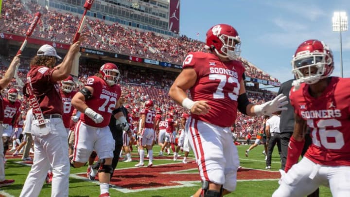 Oklahoma players warm up before a college football game between the University of Oklahoma Sooners (OU) and the UTEP Miners at Gaylord Family - Oklahoma Memorial Stadium in Norman, Okla., Saturday, Sept. 3, 2022. Oklahoma won 45-13.Ou Vs Utep