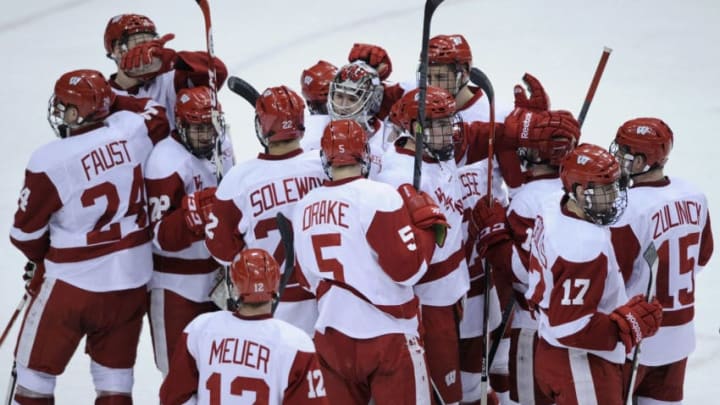 ST PAUL, MN - MARCH 21: The Wisconsin Badgers celebrate a win of the semifinal game of the Big Ten Men's Ice Hockey Championship against the Penn State Nittany Lions on March 21, 2014 at Xcel Energy Center in St Paul, Minnesota. The Wisconsin Badgers defeated the Penn State Nittany Lions 2-1. (Photo by Hannah Foslien/Getty Images)