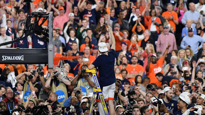 MINNEAPOLIS, MINNESOTA - APRIL 08: Kyle Guy #5 of the Virginia Cavaliers celebrates after defeating the Texas Tech Red Raiders in the 2019 NCAA men's Final Four National Championship game at U.S. Bank Stadium on April 08, 2019 in Minneapolis, Minnesota. (Photo by Josh Duplechian/NCAA Photos via Getty Images)