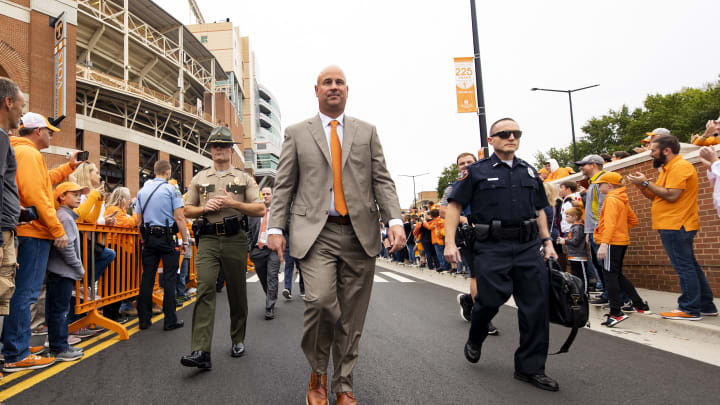 KNOXVILLE, TN – OCTOBER 12: Head coach Jeremy Pruitt of the Tennessee Volunteers arrives to Neyland Stadium prior to the game against the Mississippi State Bulldogs on October 12, 2019 in Knoxville, Tennessee. (Photo by Carmen Mandato/Getty Images)