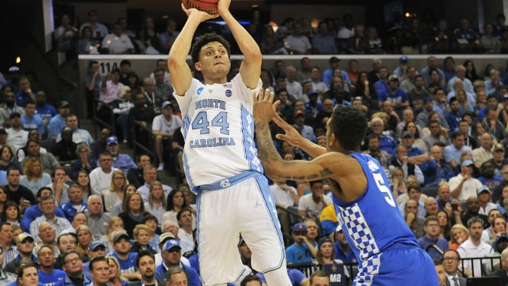 Mar 26, 2017; Memphis, TN, USA; North Carolina Tar Heels forward Justin Jackson (44) shoots against Kentucky Wildcats guard Malik Monk (5) in the first half during the finals of the South Regional of the 2017 NCAA Tournament at FedExForum. Mandatory Credit: Justin Ford-USA TODAY Sports