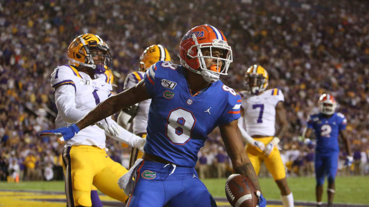 BATON ROUGE, LOUISIANA – OCTOBER 12: Trevon Grimes #8 of the Florida Gators celebrates his touchdown against the LSU Tigers at Tiger Stadium on October 12, 2019 in Baton Rouge, Louisiana. (Photo by Marianna Massey/Getty Images)