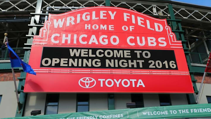Apr 11, 2016; Chicago, IL, USA; A general shot of the marquee at Wrigley Field before a game between the Chicago Cubs and the Cincinnati Reds. Mandatory Credit: Dennis Wierzbicki-USA TODAY Sports