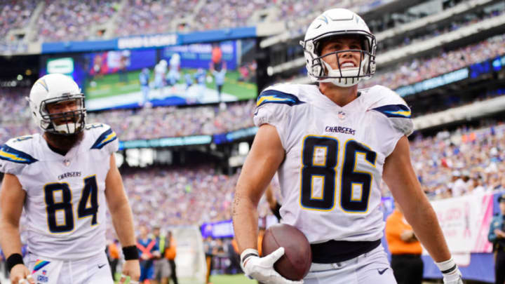 EAST RUTHERFORD, NJ - OCTOBER 08: Hunter Henry #86 of the Los Angeles Chargers celebrates his third quarter touchdown woth Sean McGrath #84 against the New York Giants during an NFL game at MetLife Stadium on October 8, 2017 in East Rutherford, New Jersey. The Los Angeles Chargers defeated the New York Giants 27-22. (Photo by Steven Ryan/Getty Images)