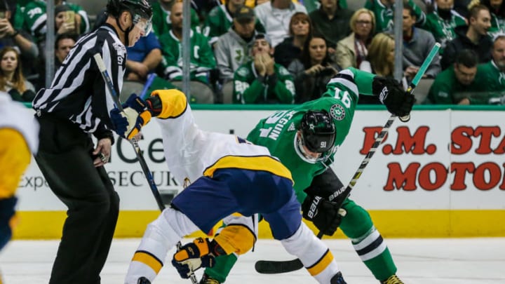 DALLAS, TX - DECEMBER 05: Nashville Predators center Kyle Turris (8) and Dallas Stars center Tyler Seguin (91) get tied up on a face-off during the game between the Dallas Stars and the Nashville Predators on Tuesday 05, 2017 at the American Airlines Center in Dallas, Texas. Nashville beats Dallas 5-2. (Photo by Matthew Pearce/Icon Sportswire via Getty Images)
