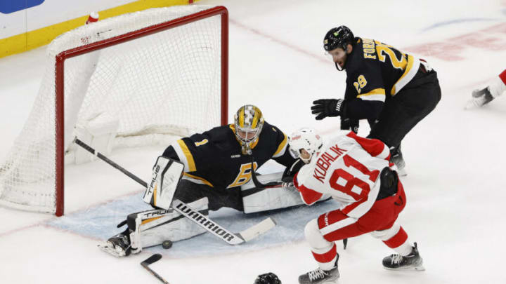 Oct 27, 2022; Boston, Massachusetts, USA; Boston Bruins goaltender Jeremy Swayman (1) stops Detroit Red Wings left wing Dominik Kubalik (81) point blank during the first period at TD Garden. Mandatory Credit: Winslow Townson-USA TODAY Sports