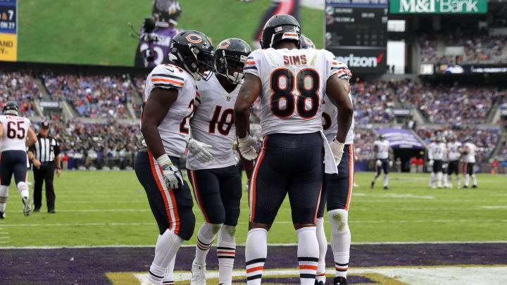 BALTIMORE, MD – OCTOBER 15: Tight End Dion Sims #88, center Cody Whitehair #65, running back Jordan Howard #24 and wide receiver Tre McBride #18 of the Chicago Bears celebrate after a touchdown in the third quarter against the Baltimore Ravens at M&T Bank Stadium on October 15, 2017 in Baltimore, Maryland. (Photo by Rob Carr/Getty Images)