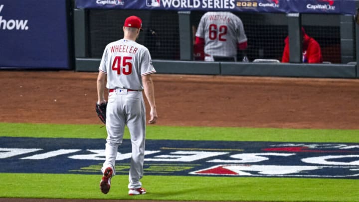 Oct 29, 2022; Houston, Texas, USA; Philadelphia Phillies starting pitcher Zack Wheeler (45) leaves the field after pitching to the Houston Astros during the first inning during game two of the 2022 World Series at Minute Maid Park. Mandatory Credit: Jerome Miron-USA TODAY Sports