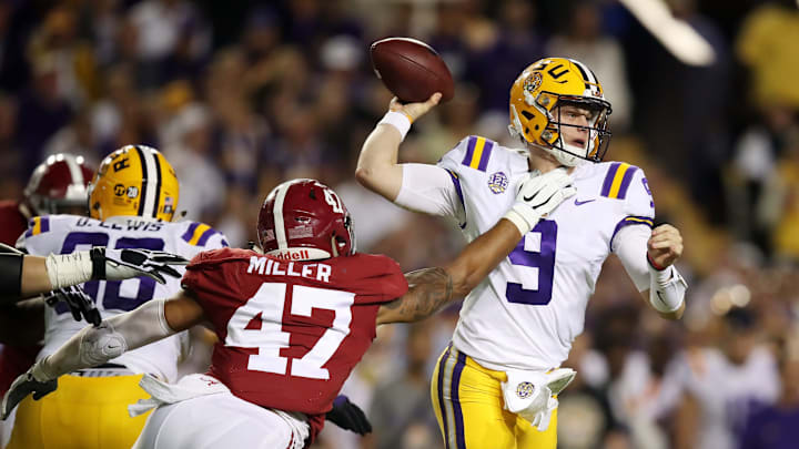 BATON ROUGE, LOUISIANA – NOVEMBER 03: Christian Miller #47 of the Alabama Crimson Tide attempts to sack Joe Burrow #9 of the LSU Tigers in the second quarter of their game at Tiger Stadium on November 03, 2018 in Baton Rouge, Louisiana. (Photo by Gregory Shamus/Getty Images)