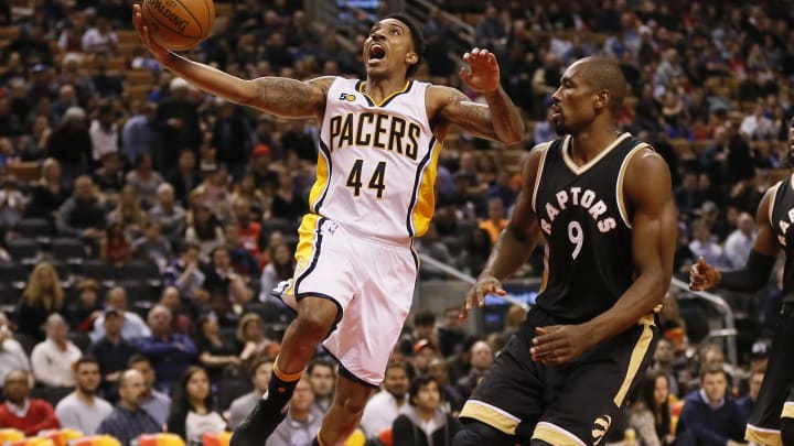 Mar 31, 2017; Toronto, Ontario, CAN; Indiana Pacers guard Jeff Teague (44) drives to the basket against Toronto Raptors forward Serge Ibaka (9) during the first half at the Air Canada Centre. Mandatory Credit: John E. Sokolowski-USA TODAY Sports