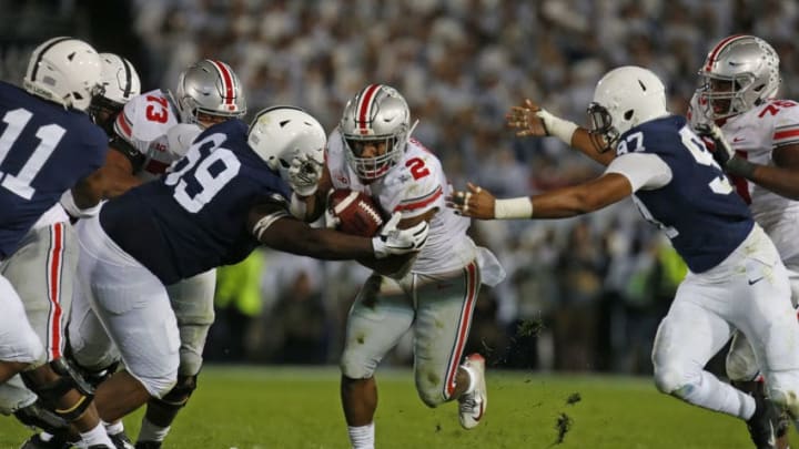 STATE COLLEGE, PA - SEPTEMBER 29: J.K. Dobbins #2 of the Ohio State Buckeyes rushes against C.J. Thorpe #69 of the Penn State Nittany Lions on September 29, 2018 at Beaver Stadium in State College, Pennsylvania. (Photo by Justin K. Aller/Getty Images)