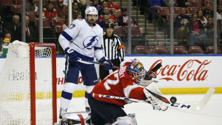 SUNRISE, FL - DECEMBER 10: Alex Killorn #17 of the Tampa Bay Lightning looks on as Goaltender Sergei Bobrovsky #72 of the Florida Panthers makes a stick save during second period action at the BB&T Center on December 10, 2019 in Sunrise, Florida. (Photo by Joel Auerbach/Icon Sportswire via Getty Images)